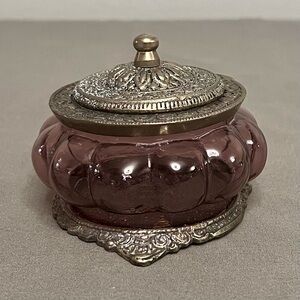 VTG Amethyst Glass Trinket Dish W/ Pewter Lid & Bottom 4x3”